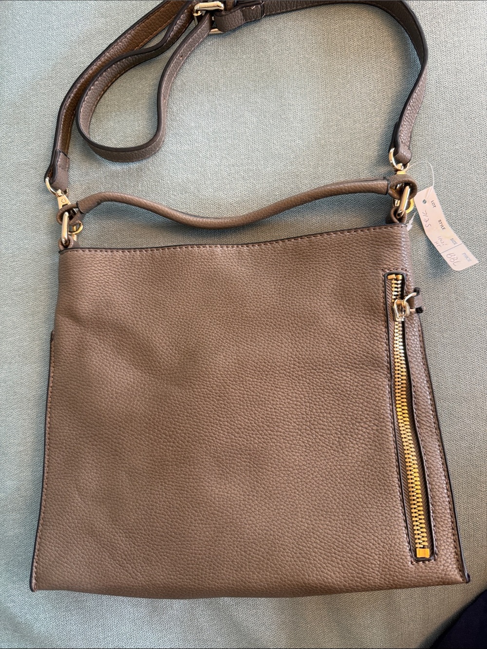 Pebbled Taupe Leather Crossbody Bag with Gold Zip Accent